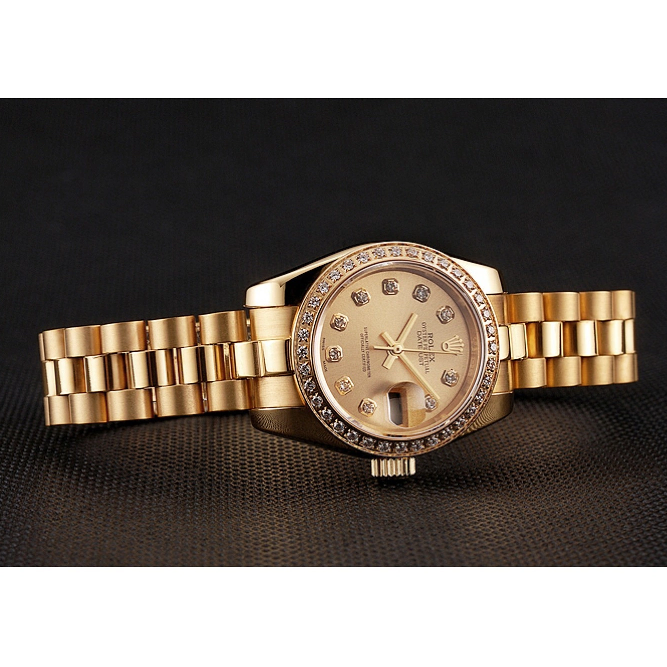 Aaa fake watches Gold Bezel Swiss Rolex Bracelet 1454095 Diamond Dial Lady-Datejust Champagne 0801